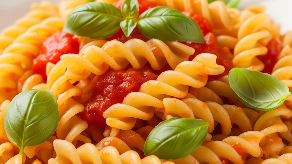 Fusilli - die spiralförmigen Nudeln Pasta Fusilli mit Tomatensoße und Basilikum zubereitet