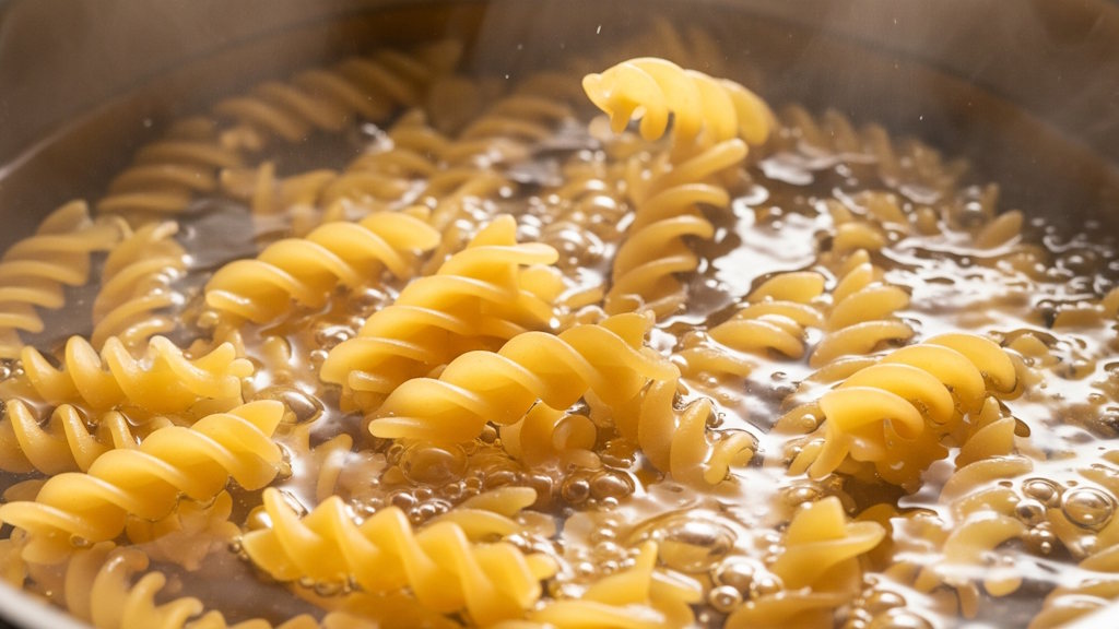 Fusilli - die spiralförmigen Nudeln Fusilli beim Kochen im Kochtopf