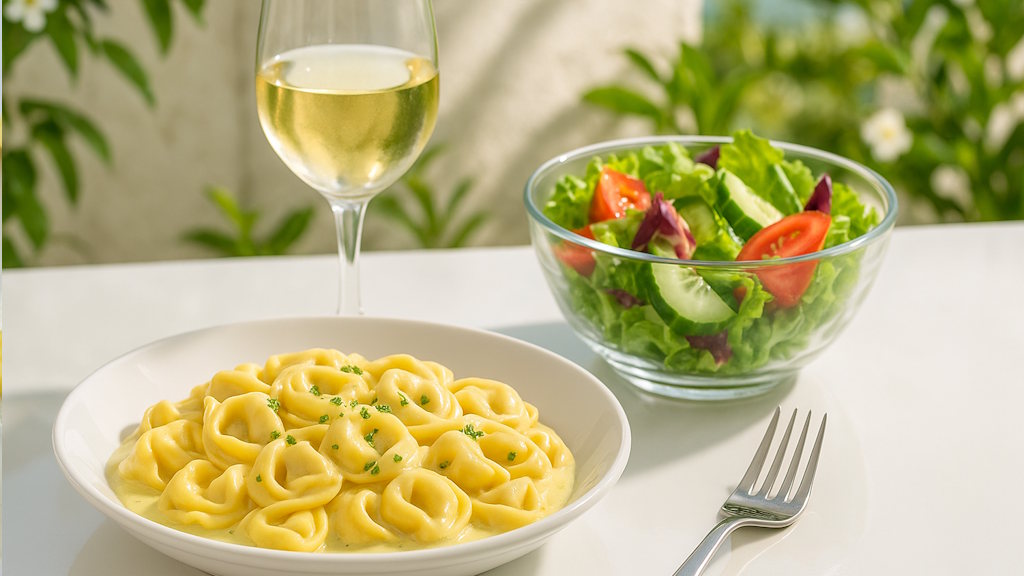Gefüllte Pasta Sorten - die beliebtesten Arten neben Tortellini, Ravioli und Co. Tortellini mit Sahne und einem frischen Salat serviert