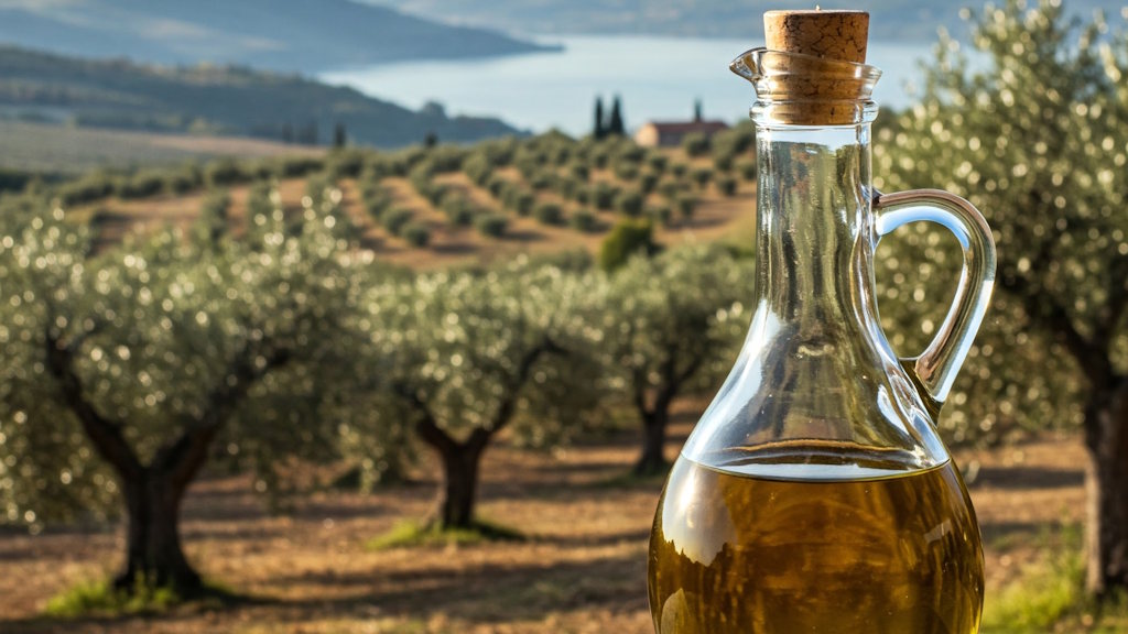 Olivenöl im Flakon direkt vom Erzeuger am Gardasee mit Blick auf den Olivenhain und dem See