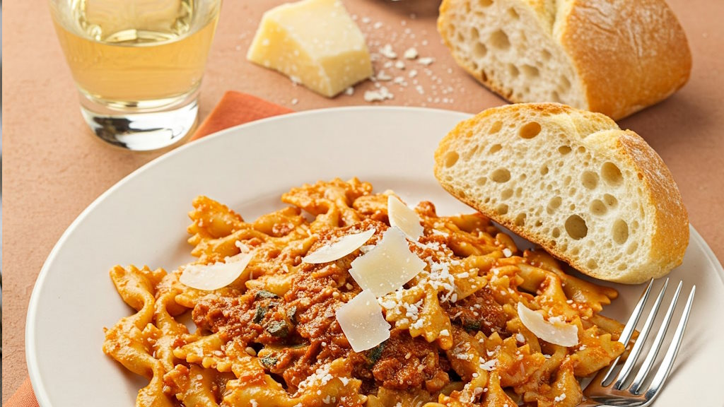 Schmetterlingsnudeln mit rotem Pesto und Pecorino-Käse sowie Ciabatta-Brot.