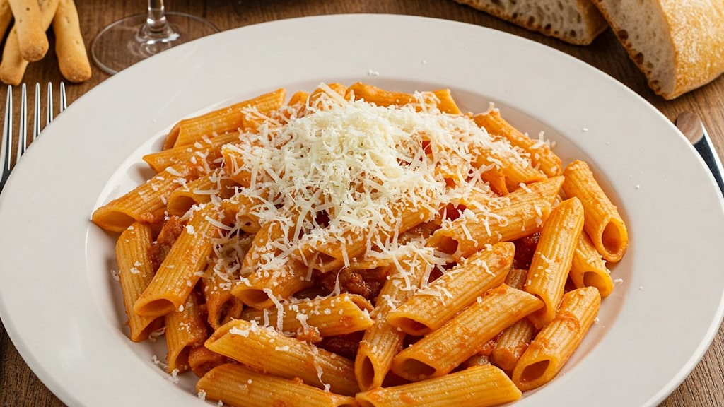 Pennette alla Amatriciana mit viel Pecorino-Käse.