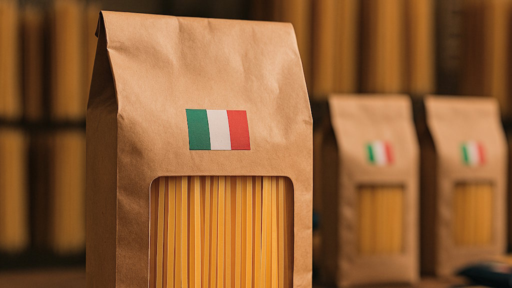 Die beste italienische Pasta Marke Titelbild mit italienischer Fahne und Nudeln in Papierverpackung