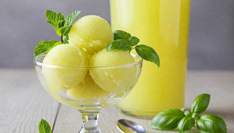 Limoncello Sorbet – Erfrischendes Dessert ohne Eismaschine Limoncello Sorbet mit Minze und Basilikum
