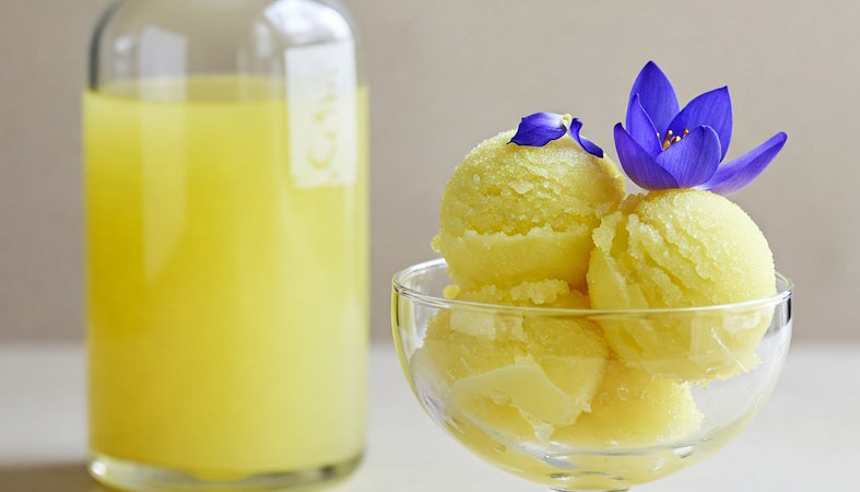 Limoncello Sorbet – Erfrischendes Dessert ohne Eismaschine Limoncello Sorbet mit frischen Lotusblüten