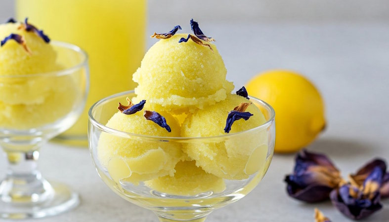 Limoncello Sorbet – Erfrischendes Dessert ohne Eismaschine Limoncello Sorbet mit getrockneten blauen Lotusblüten dekoriert