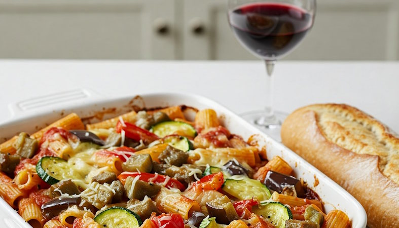 Vegetarisches Rigatoni al Forno Rezept serviert in Backform