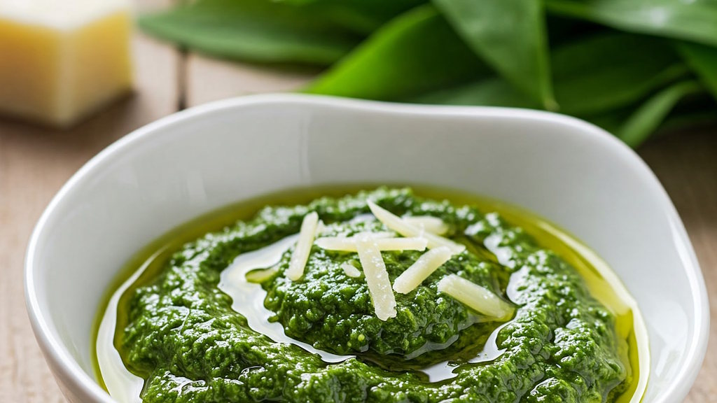 Bärlauchpesto mit Olivenöl und Parmesan frisch zubereitet
