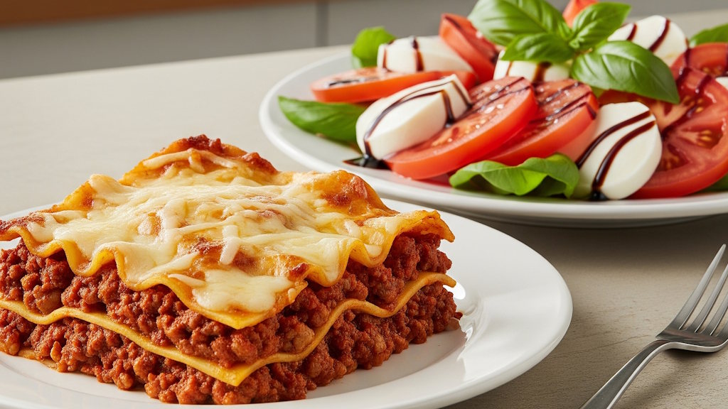 Was passt zu Lasagne? Die besten Beilagen aus Italien Lasagne mit Caprese-Salat als Beilage