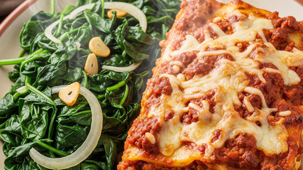 Was passt zu Lasagne? Die besten Beilagen aus Italien Lasagne mit gedünstetem Spinat mit Knoblauch als Beilage