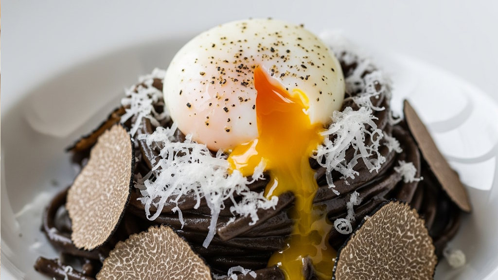 Pasta mit Trüffelbutter und Parmesan - einfach italienisch Linguine al nero di seppia mit Trüffel und blanchiertem Ei sowie Parmesan