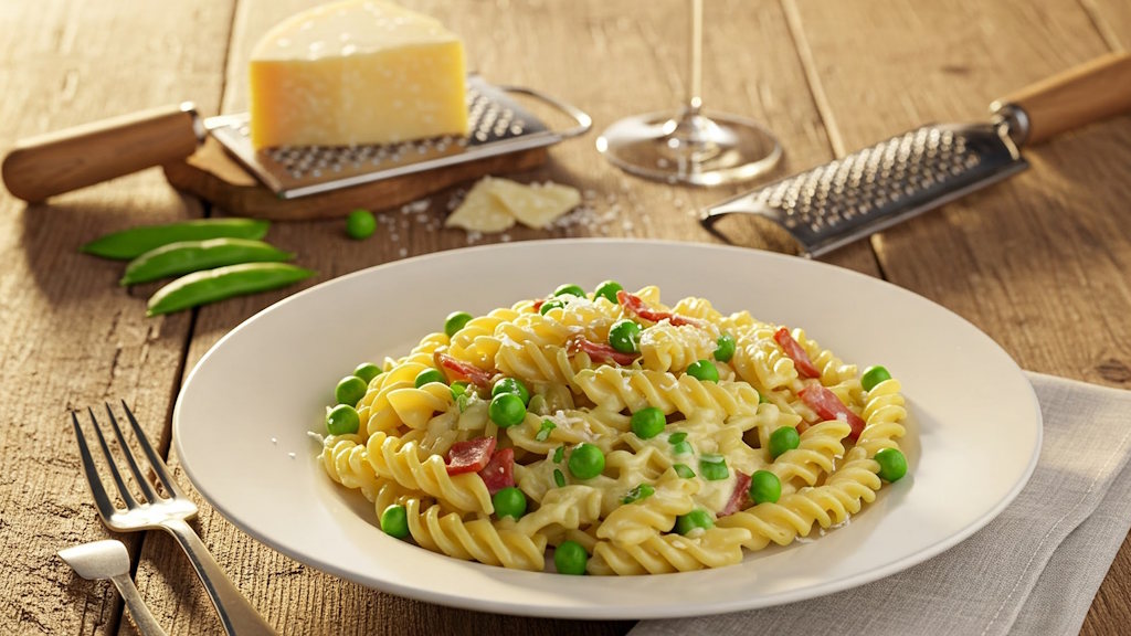 Pasta Piselli e Pancetta – Das klassisch italienische Rezept Pasta Piselli e Pancetta mit Fusilli