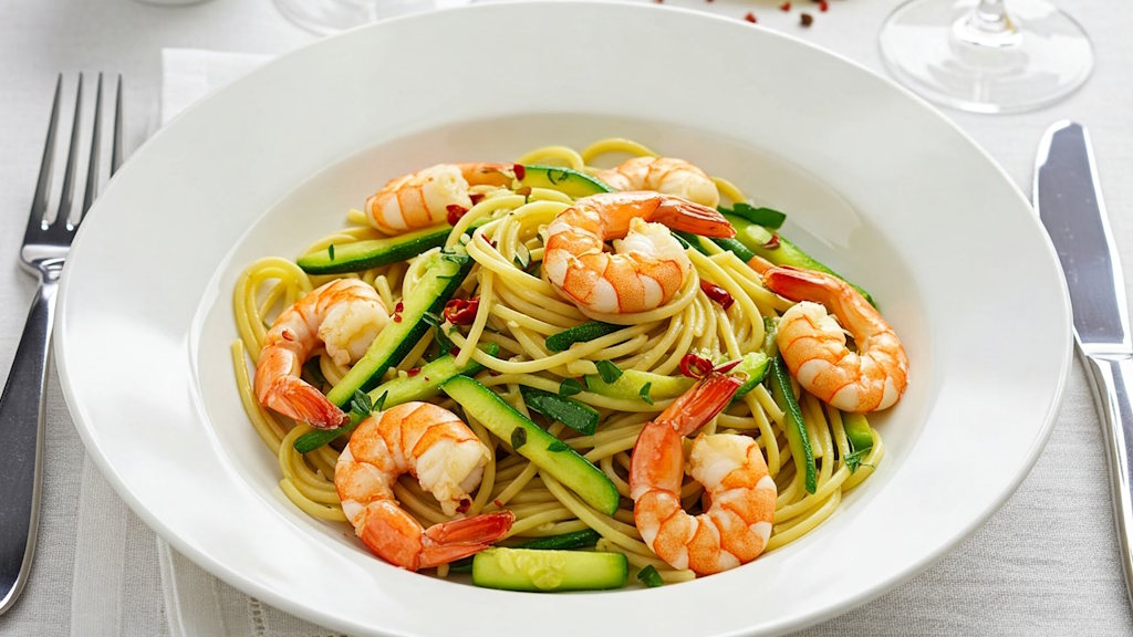 Pasta mit Garnelen und Zucchini – Mediterraner Genuss in seiner leichtesten Form Pasta mit Garnelen und Zucchini serviert
