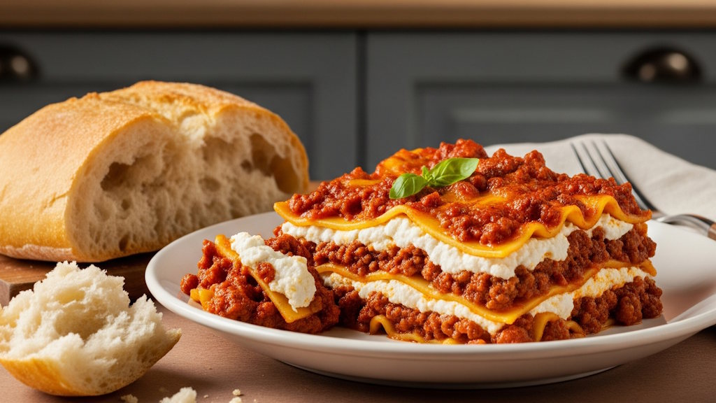 Was passt zu Lasagne? Die besten Beilagen aus Italien Ricotta-Lasagne Bolognese mit Ciabatta-Brot als Beilage