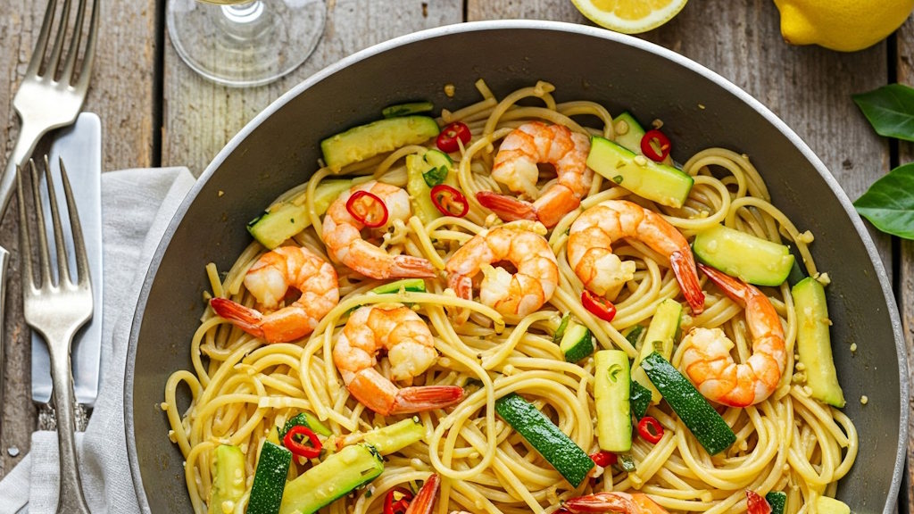Pasta mit Garnelen und Zucchini – Mediterraner Genuss in seiner leichtesten Form Spaghetti mit Garnelen und Zucchini sowie Chili und Zitrone