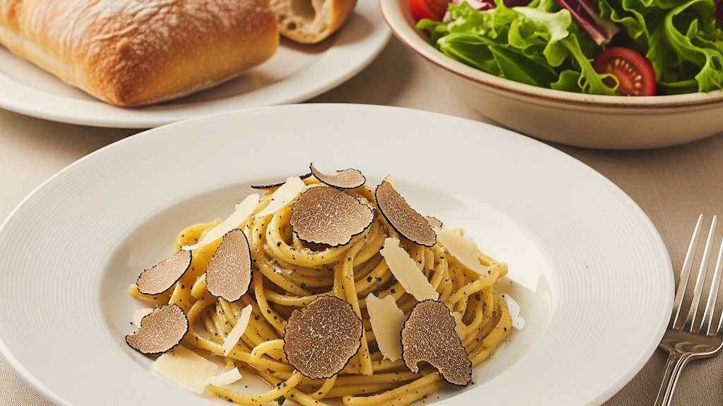Pasta mit Trüffelbutter und Parmesan - einfach italienisch Spaghetti mit Trüffel und Parmesan und Beilagen wie Ciabatta und Salat