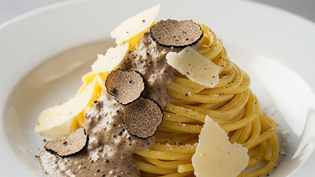 Pasta mit Trüffelbutter und Parmesan - einfach italienisch Spaghetti mit schwarzem Trüffel und Parmesan sowie Trüffelsoße