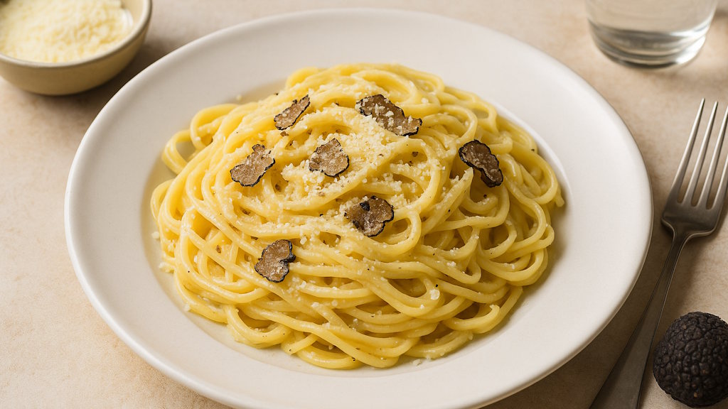 Pasta mit Trüffelbutter und Parmesan - einfach italienisch Spaghetti mit Trüffel und Parmesan serviert