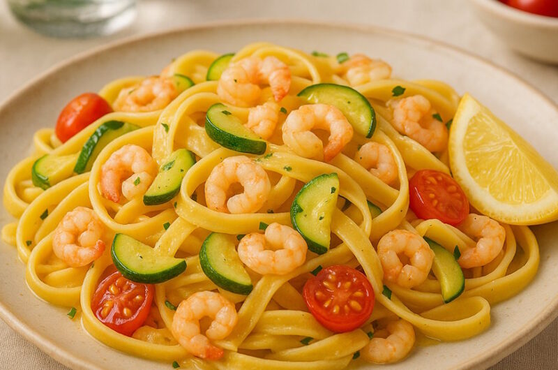 Tagliatelle ai Gamberetti, Pomodorini e Zucchine – mediterraner Pasta-Klassiker (Rezept)