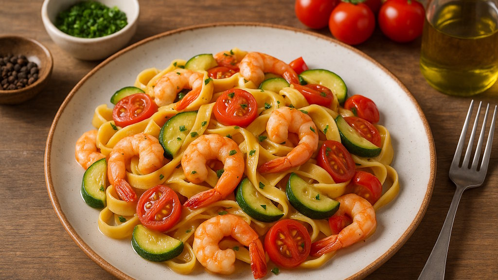 Tagliatelle ai Gamberetti, Pomodorini e Zucchine – mediterraner Pasta-Klassiker (Rezept) Tagliatelle ai Gamberetti e Pomodorini con Zucchine