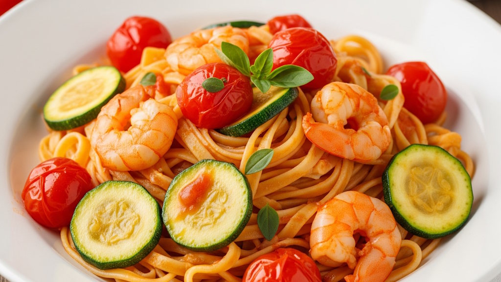 Tagliatelle ai Gamberetti, Pomodorini e Zucchine – mediterraner Pasta-Klassiker (Rezept) Tagliatelle con Gamberetti e Zucchini