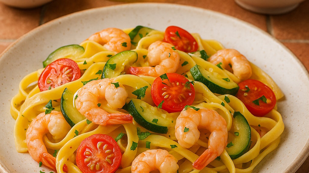 Tagliatelle ai Gamberetti, Pomodorini e Zucchine – mediterraner Pasta-Klassiker (Rezept) Tagliatelle ai Gamberetti mit Pomodorini-Tomaten und Zucchini