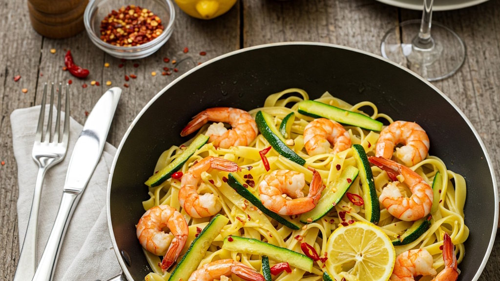 Pasta mit Garnelen und Zucchini – Mediterraner Genuss in seiner leichtesten Form Tagliatelle mit Garnelen und Zucchini mit Peperoncino und Zitrone in der Pfanne serviert