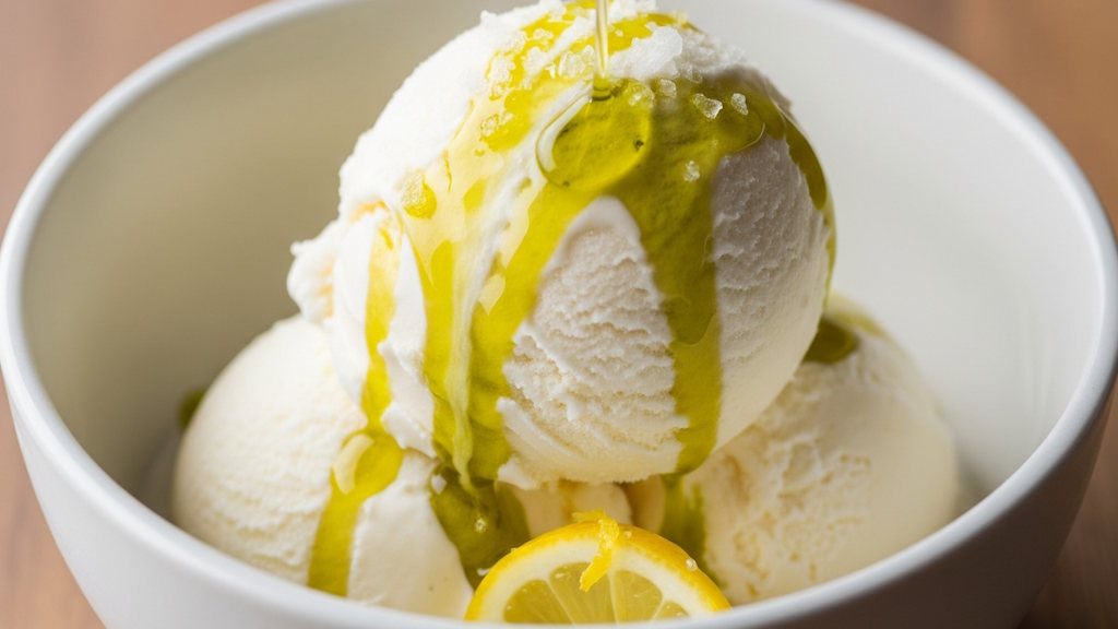 Vanilleeis mit Olivenöl und Salz (Originalrezept) Vanilleeis mit Salz und Olivenöl nativ extra und Zitrone