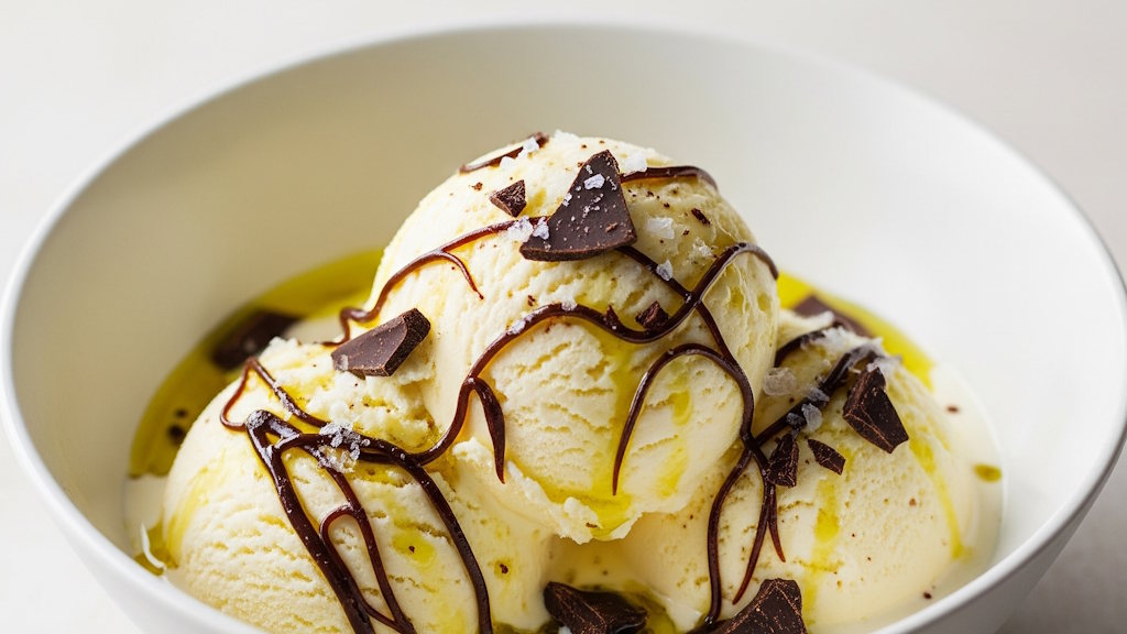 Vanilleeis mit Olivenöl und Salz (Originalrezept) Vanilleeis mit Salz und Olivenöl nativ extra sowie dunkler Schokolade