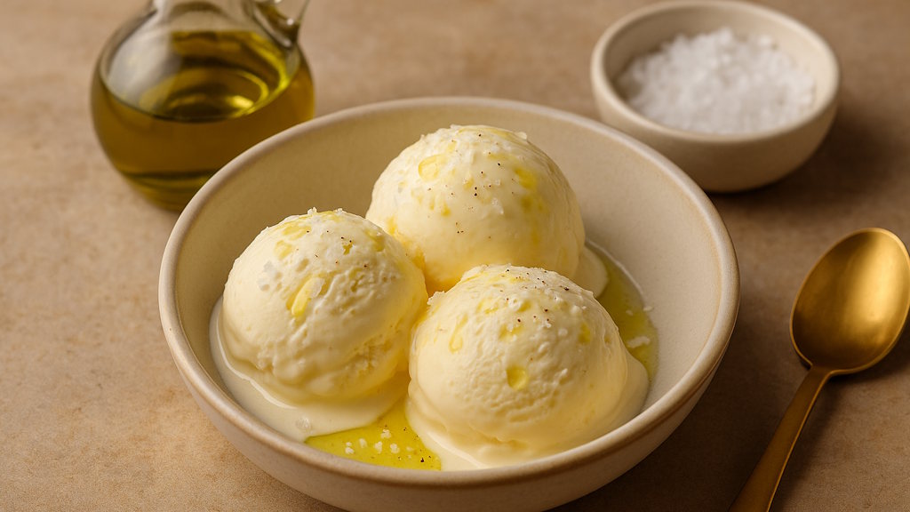 Vanilleeis mit Olivenöl und Salz (Originalrezept) 3 Kugeln Vanilleeis mit Olivenöl und Salz serviert