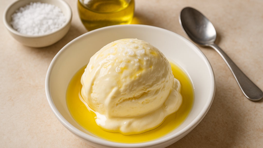 Vanilleeis mit Olivenöl und Salz (Originalrezept) Vanilleeis mit Olivenöl und Zitrone serviert