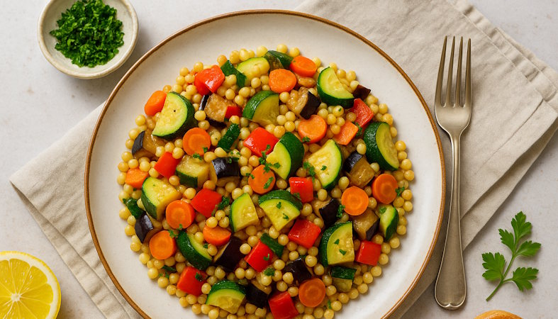 Fregola Sarda mit Gemüse – das Sardische Nudelgericht Fregola Sarda mit buntem Gemüse serviert