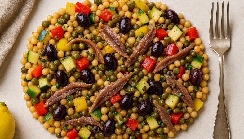 Fregola Sarda mit Sardellen und buntem Gemüse sowie Kapern