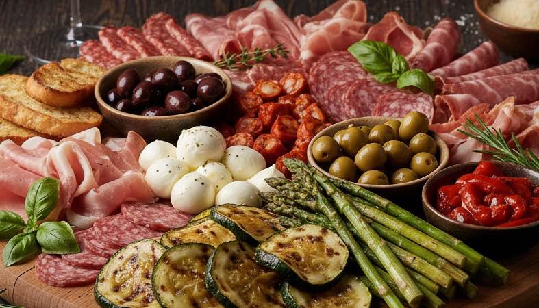 Antipasto della Casa auf einem Brett angerichtet