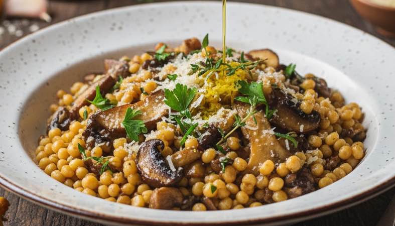 Fregola Sarda mit Pilzen – Sardische Spezialität mit erdigen Aromen und mediterranem Flair Fregola Sarda mit Pilzen aus Sardinien