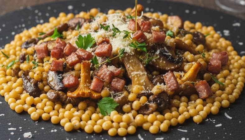 Fregola Sarda mit Pilzen – Sardische Spezialität mit erdigen Aromen und mediterranem Flair Fregola Sarda mit Pilzen in einer Variante mit Speckwürfel