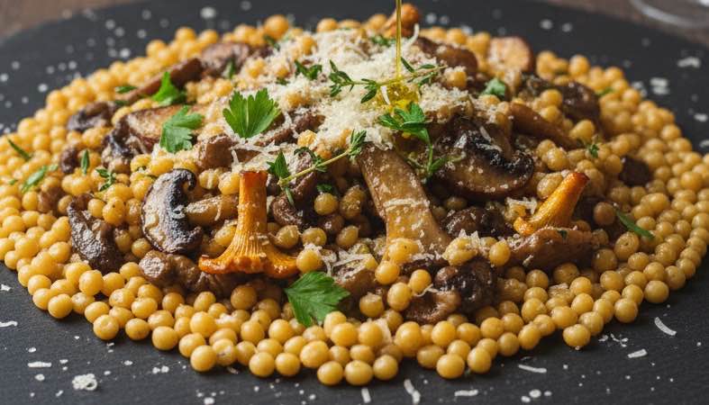 Fregola Sarda mit Pilzen – Sardische Spezialität mit erdigen Aromen und mediterranem Flair Fregola Sarda mit Pilzen lecker angerichtet