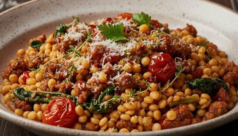 Fregola Sarda mit Salsiccia – Herzhaftes sardisches Pastagericht mit italienischer Bratwurst Fregola Sarda mit Salsiccia Sardinien trifft italienische Haushaltsküche