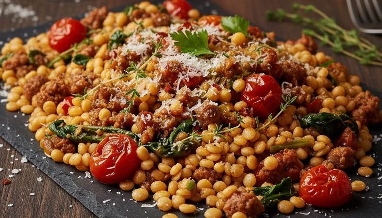 Fregola Sarda mit Salsiccia – Herzhaftes sardisches Pastagericht mit italienischer Bratwurst Fregola Sarda mit Salsiccia besonders angerichtet