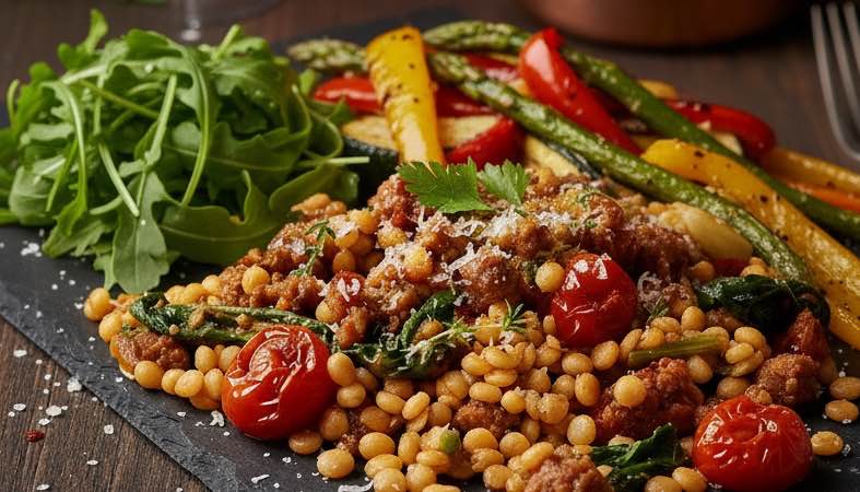 Fregola Sarda mit Salsiccia – Herzhaftes sardisches Pastagericht mit italienischer Bratwurst Fregola Sarda mit Salsiccia in einer Variante mit Rucolasalat und Gemüse
