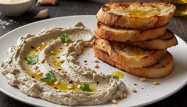 Melanzane Crema – Italienische Auberginencreme mit mediterraner Seele Melanzane Crema auf einem Teller serviert
