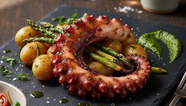Oktopus mit Kartoffeln italienisch– das klassische Rezept aus dem Meer Oktopus mit Kartoffeln italienisch schön angerichtet