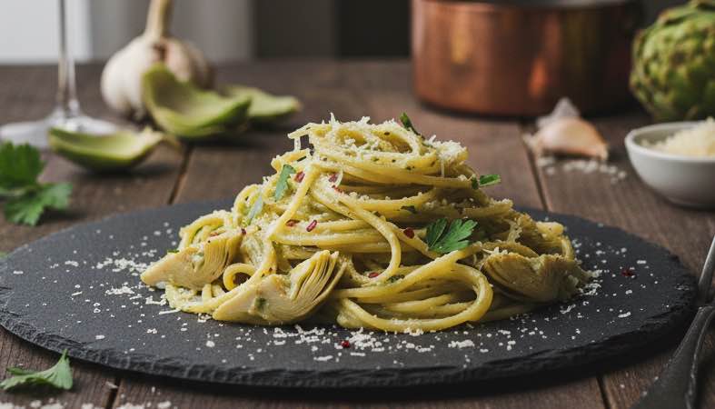 Pasta ai Carciofi – Frische Artischocken in zarter Pasta-Sauce Pasta ai Carciofi besonders angerichtet