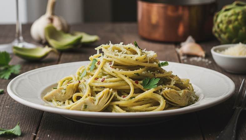 Pasta ai Carciofi – Frische Artischocken in zarter Pasta-Sauce Pasta ai Carciofi italienisches Gericht mit Artischocken