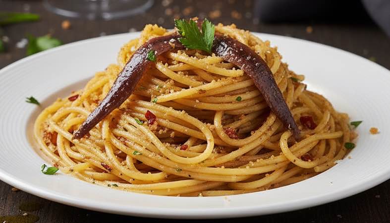 Pasta con Mollica – sizilianische Pasta mit Brotkrumen, Knoblauch und Olivenöl Pasta con Mollica auf einem Teller serviert