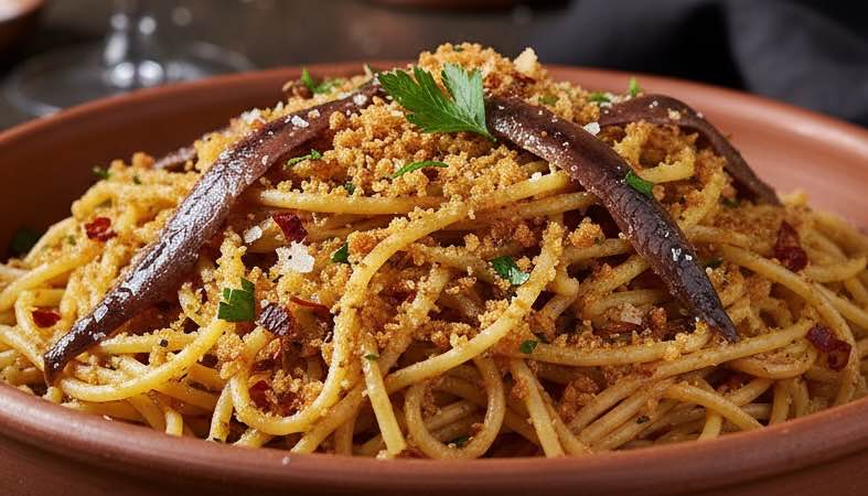 Pasta con Mollica – sizilianische Pasta mit Brotkrumen, Knoblauch und Olivenöl Pasta con Mollica in einer Schüssel serviert