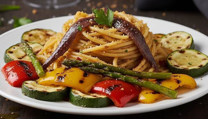 Pasta con Mollica – sizilianische Pasta mit Brotkrumen, Knoblauch und Olivenöl Pasta con Mollica mit gegrilltem Gemüse