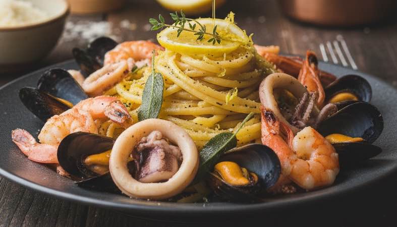 Pasta mit Salbei und Zitrone – aromatisch, frisch und typisch italienisch Pasta mit Salbei und Zitrone mit Meeresfrüchten