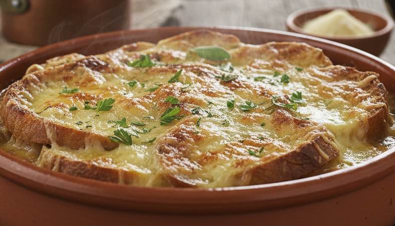 Zuppa di Gallura – Sardischer Brotauflauf mit Käse und kräftiger Fleischbrühe Zuppa di Gallura mit Käse überbacken