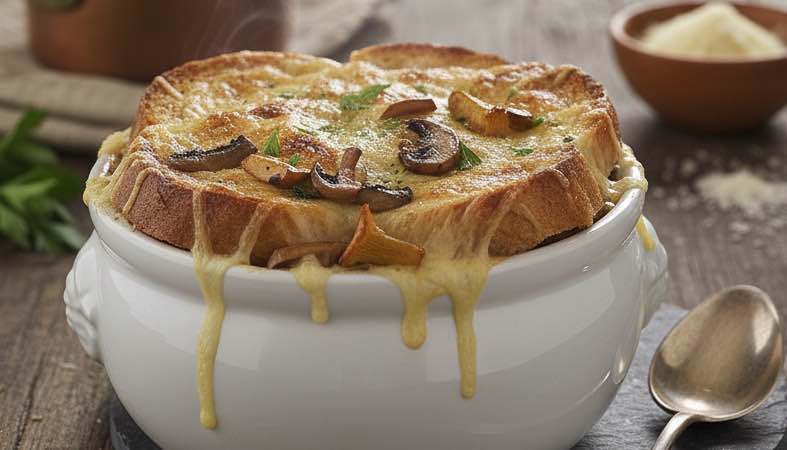Zuppa di Gallura – Sardischer Brotauflauf mit Käse und kräftiger Fleischbrühe Zuppa di Gallura mit Pilzen angerichtet